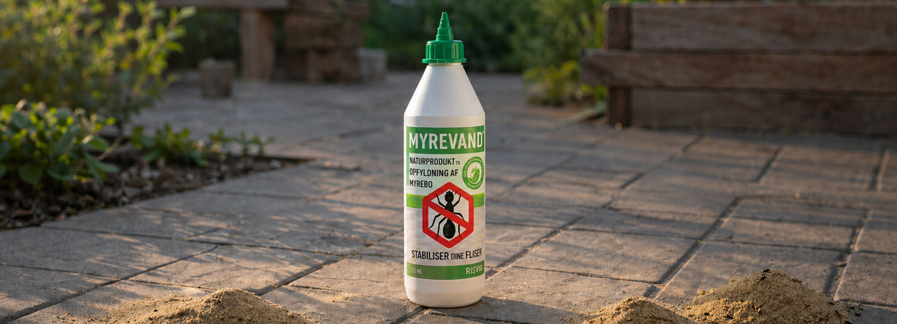 Billede af MYREVAND™ 750 ml flaske, der står på en fliseterrasse.